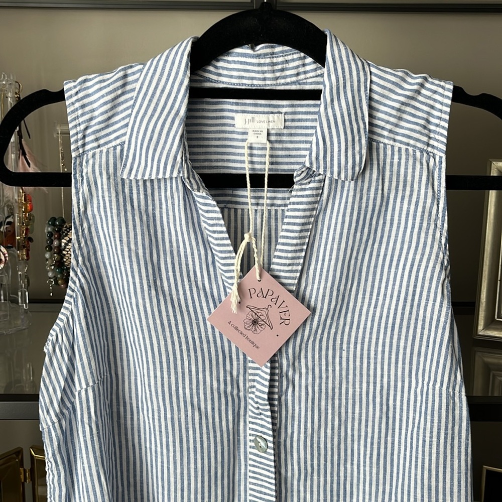 J. Jill Blue and White Linen Button Down Tank Top - Picture 7 of 10